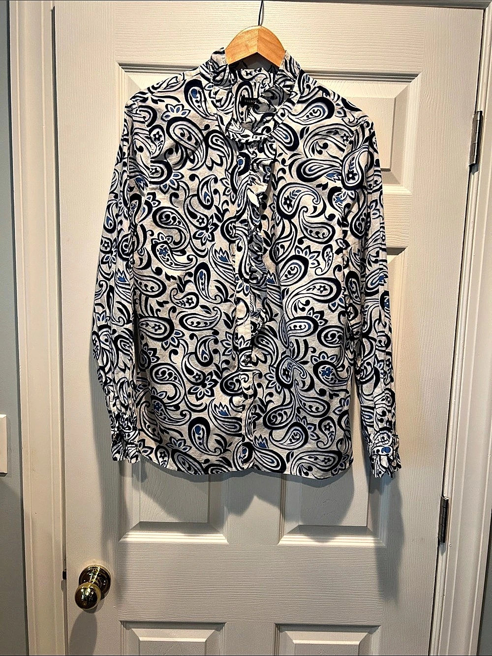 Talbots Ruffle Neck Top - Floral Paisley Blue & White XL